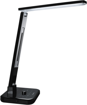 Eine schwarz-silberne LED-Schreibtischlampe auf schwarzem Hintergrund. Sie hat ein rechteckiges Licht und eine Touch-Control-Basis.