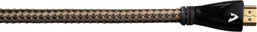 Cavo HDMI intrecciato con connettori dorati. Ha un connettore nero con logo bianco.