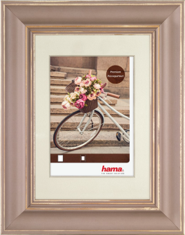 Un'immagine incorniciata di una bicicletta con un cesto di fiori parcheggiata su delle scale. La cornice è marrone chiaro.