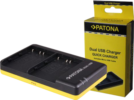 Caricabatterie USB dual Patona nero e giallo con cavo Micro USB e confezione.