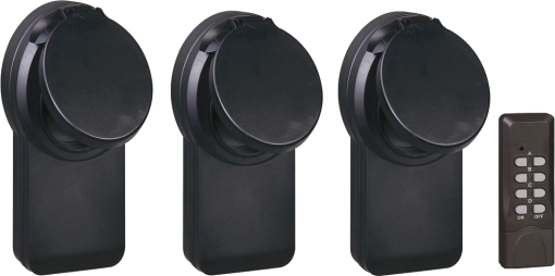 Drei schwarze Lüftungsabdeckungen und eine Fernbedienung auf weißem Hintergrund. Rundes Design.