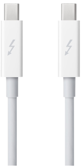 Due cavi Thunderbolt bianchi con un simbolo di fulmine alle estremità.