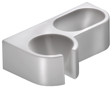 Un supporto in plastica grigio chiaro con due fori circolari. Il supporto è angolato, con un lato a scomparsa.