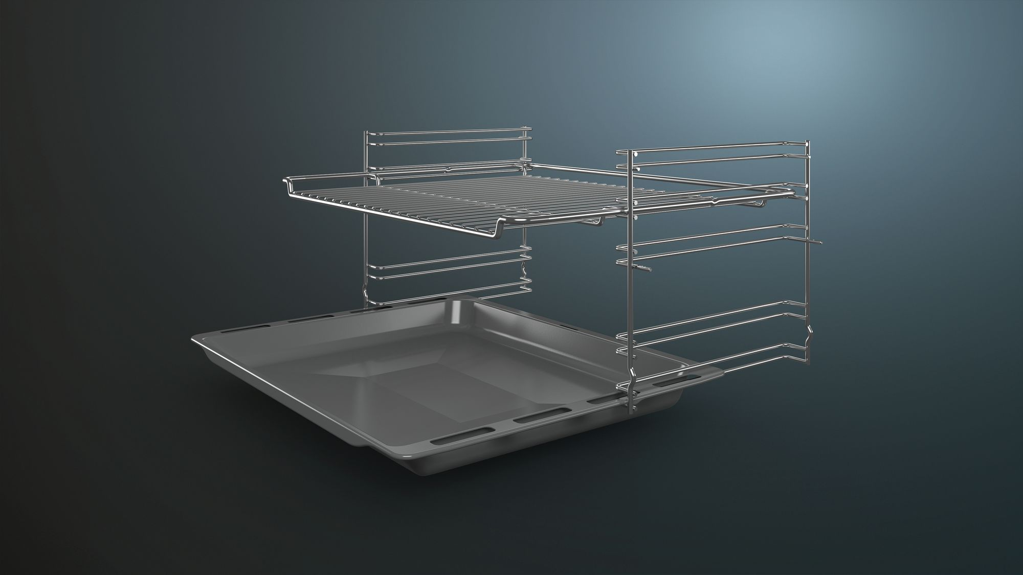 Metal oven rack with a tray below, on a dark gray background. The rack has multiple shelves.