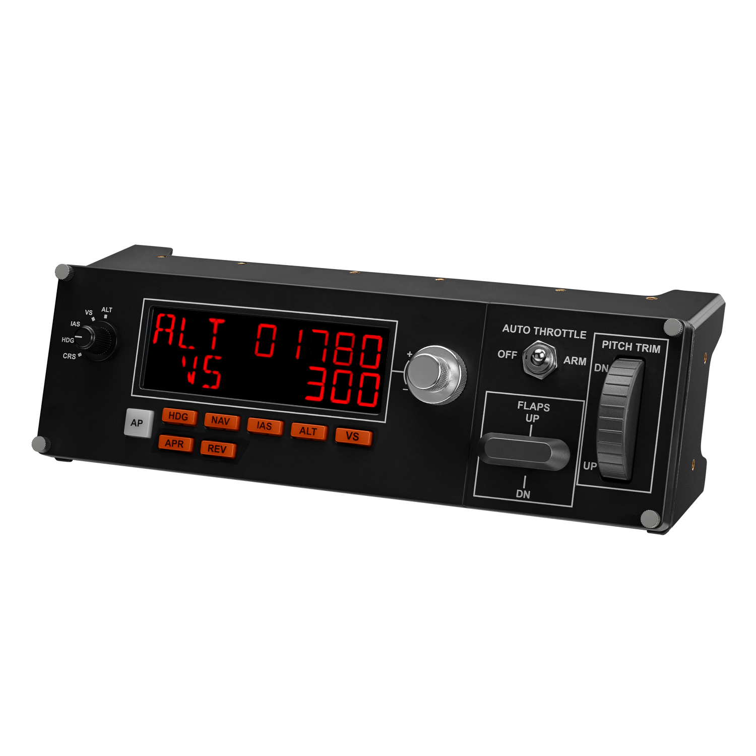 Black aircraft instrument panel with red digital display and various control buttons.