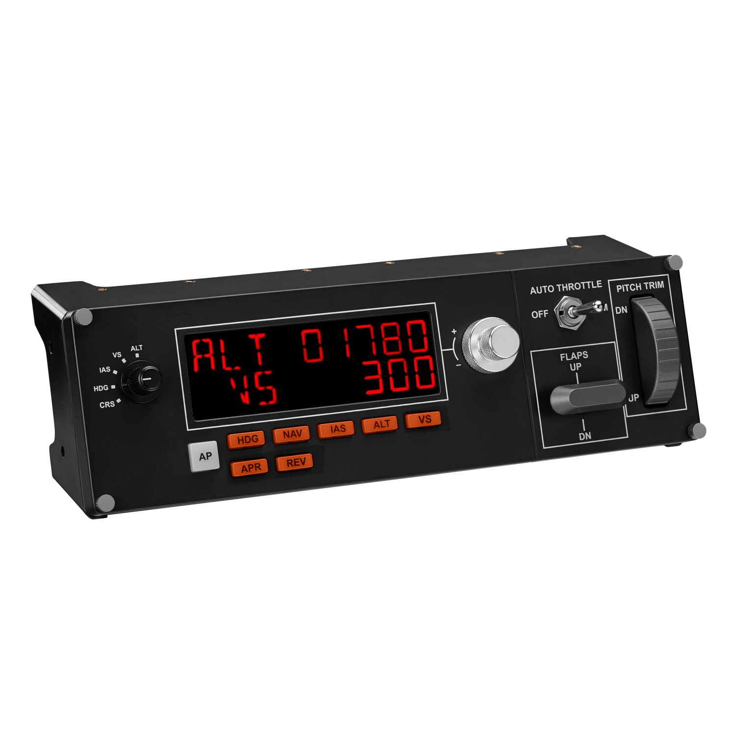 Black aircraft control panel with digital displays and buttons. The panel is angled.