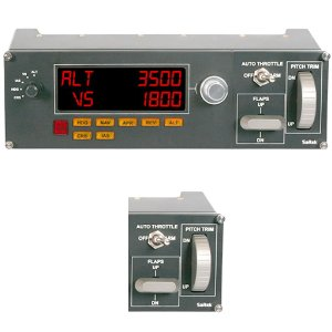 Flight simulator panel with displays, buttons, and knobs, showing altitude and vertical speed.
