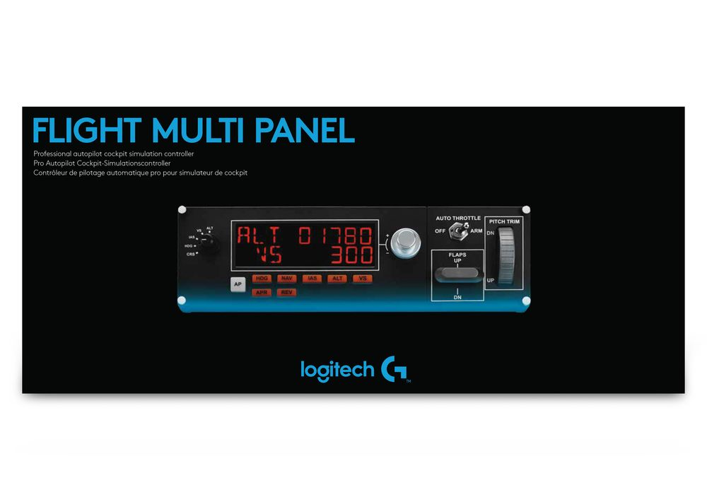 Flight multi panel with buttons and a screen showing numbers, against a black background.
