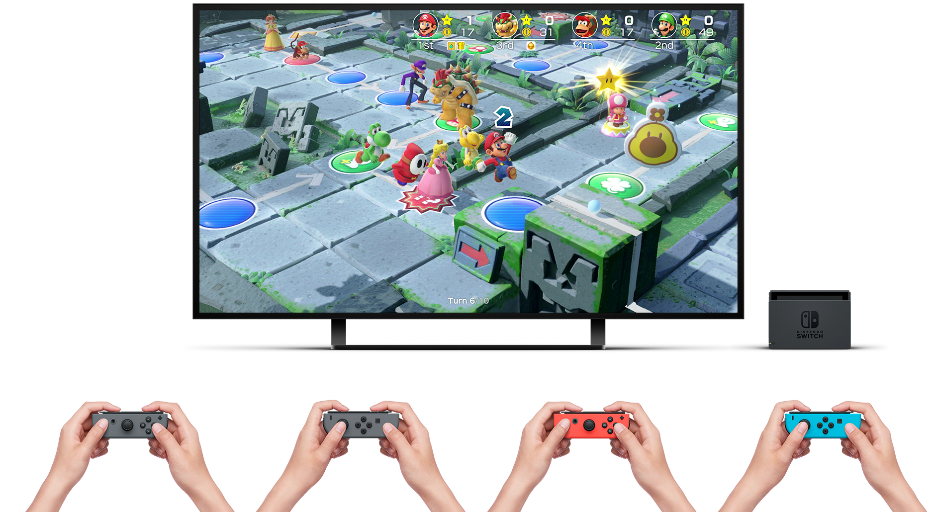 Eine Nintendo Switch-Konsole mit einem Fernseher, der ein Mario Party-Spiel anzeigt, und vier Controllern.
