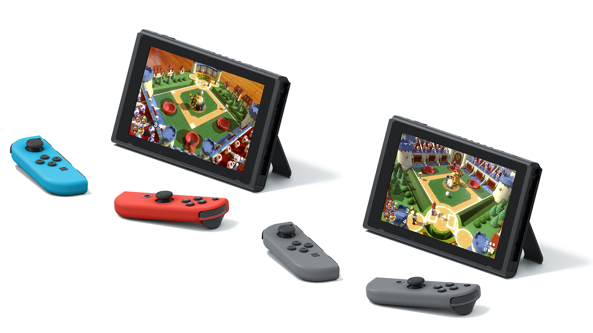 Zwei Nintendo Switch Konsolen mit Joy-Cons, die ein Baseballspiel zeigen.