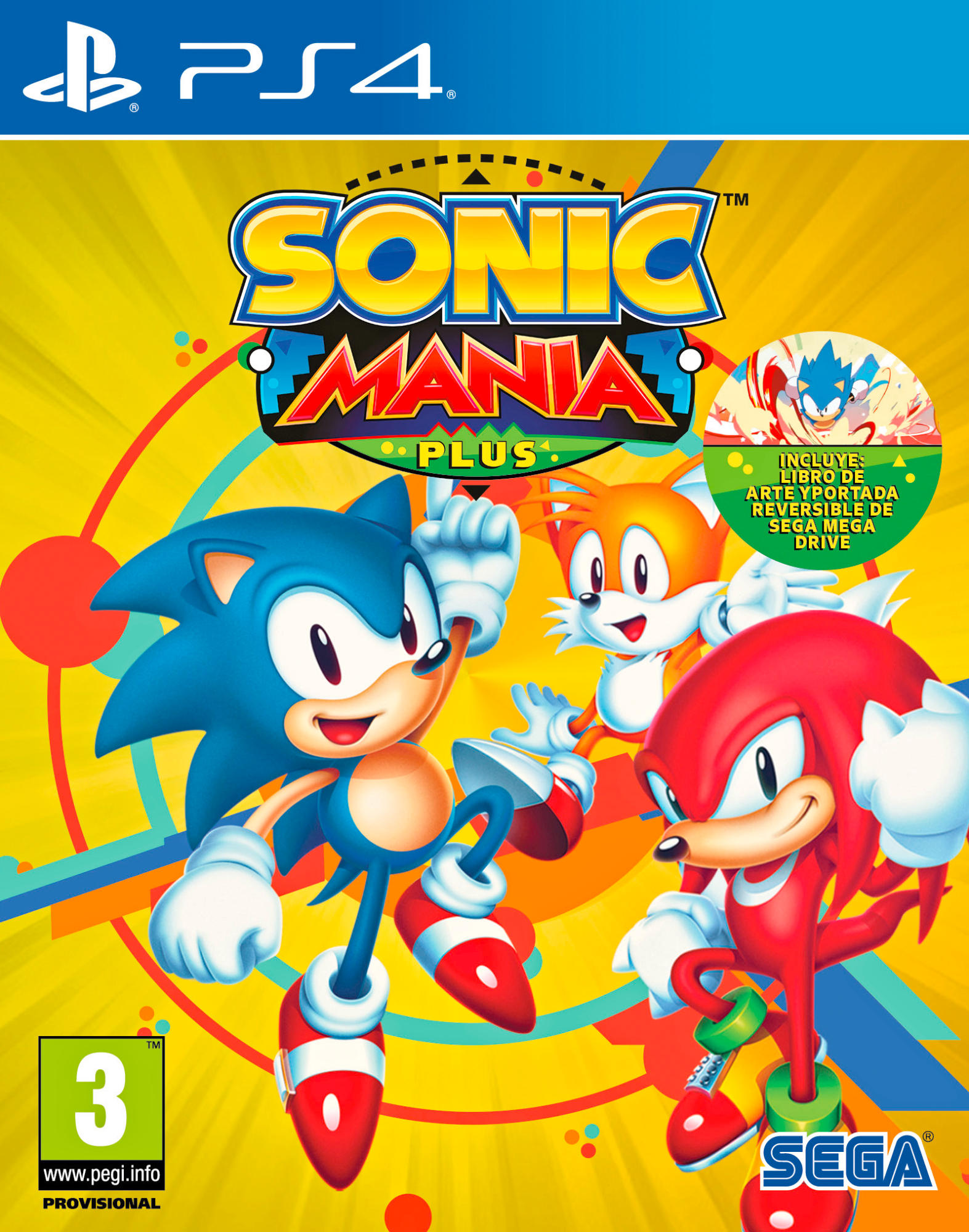 Portada del juego Sonic Mania Plus con Sonic, Tails y Knuckles. Fondo amarillo con logo PS4.