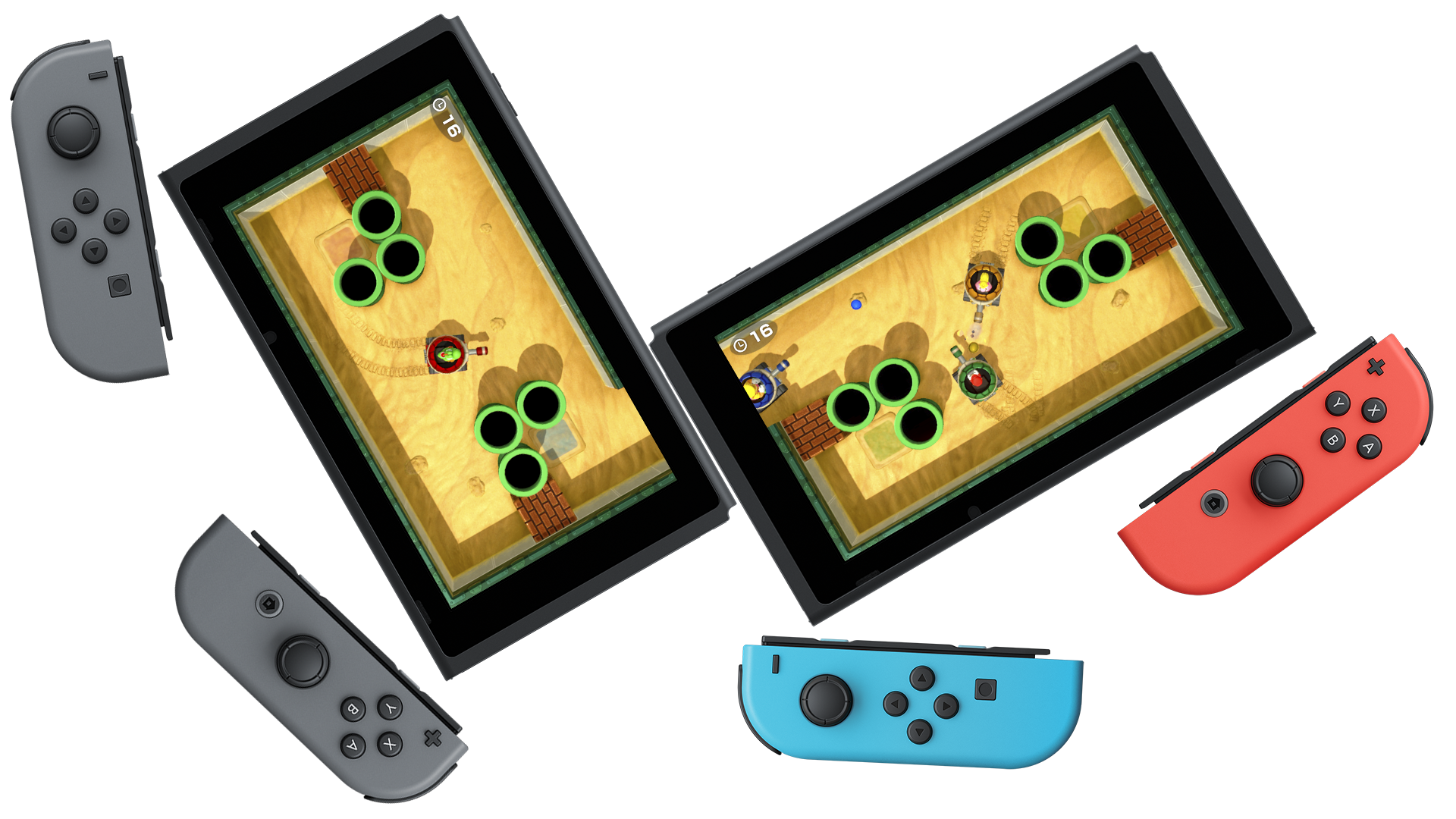Zwei Nintendo Switch-Konsolen mit angeschlossenen Joy-Con-Controllern und zwei separaten Joy-Cons.