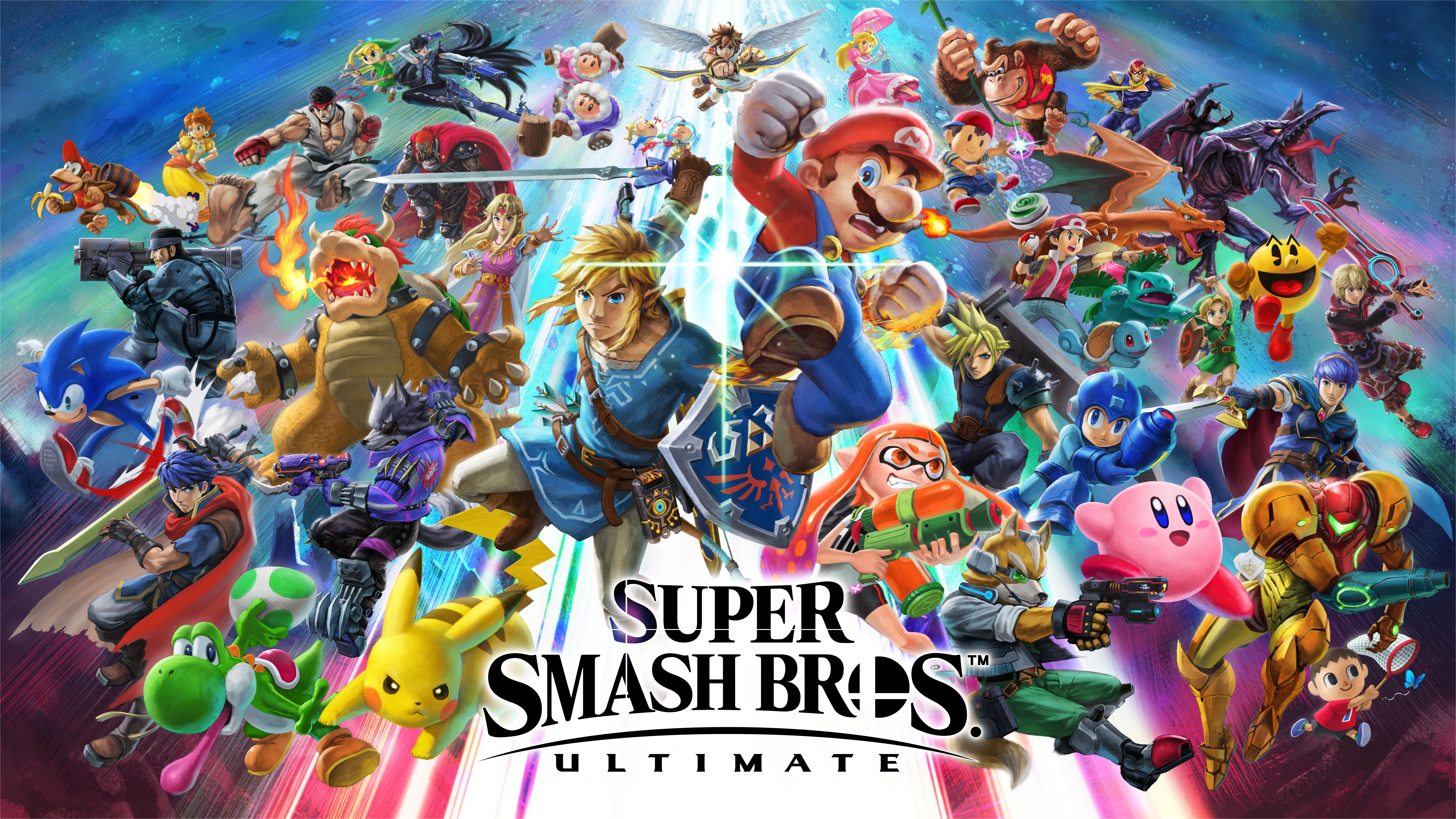 Super Smash Bros. Ultimate-Spielcover mit vielen Charakteren.