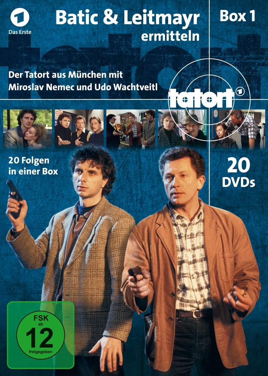 Tatort DVD-Box-Set, zwei Männer mit Waffen, Cover zeigt mehrere Personen und Szenen.