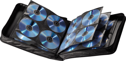 Offene CD-Hülle mit vielen CDs sichtbar.