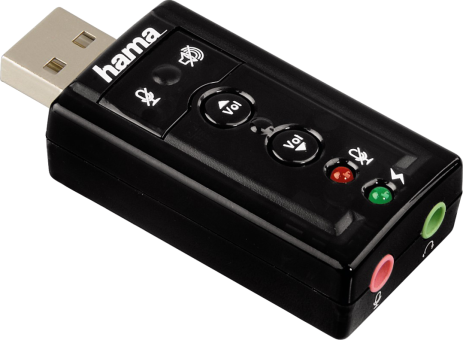 Schwarze USB-Soundkarte mit Lautstärkereglern und Mikrofon-/Kopfhörerbuchsen.