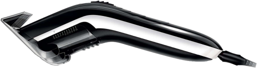 Une tondeuse à cheveux noire et argentée. Il a une section en plastique transparent avec des chiffres sur le côté.