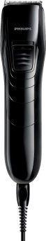 Tondeuse à cheveux Philips noire avec cordon. La tondeuse a un design élégant et moderne.