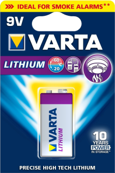 VARTA 9V Lithium Batteriepack. Lila und weiße Batterie vor blauem und weißem Hintergrund. Text enthält 'Ideal für Rauchmelder'.