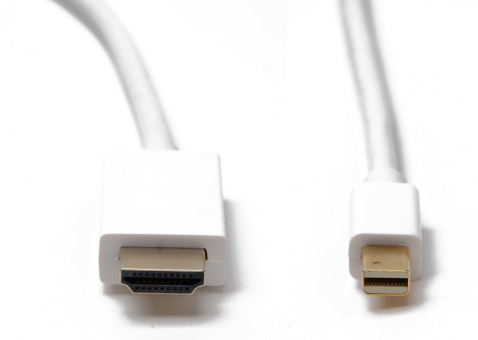 Nahaufnahme eines weißen HDMI-zu-Mini-DisplayPort-Kabels.
