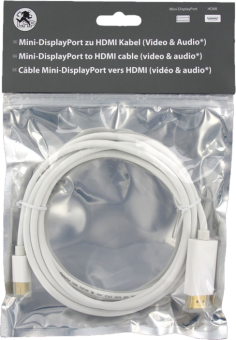 Weißes Kabel mit Steckern in einer Plastiktüte. Text auf der Verpackung: Mini-DisplayPort zu HDMI Kabel.