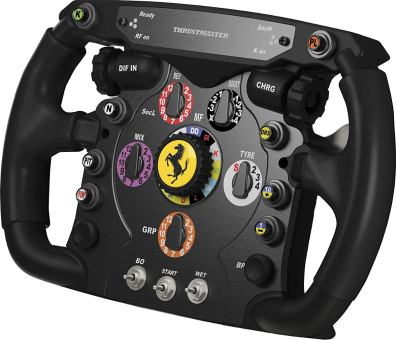 Un volant de course F1 Thrustmaster noir avec de nombreux boutons, cadrans et un logo Ferrari au centre.