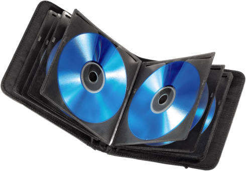 Geöffnete schwarze CD-Hülle mit mehreren blauen CDs in den Hüllen.