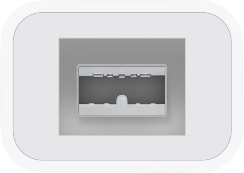 Port USB blanc, rectangulaire, avec un connecteur interne centré, sur fond gris.