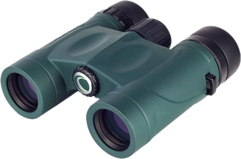 Dunkelgrünes Fernglas vor transparentem Hintergrund. Das Fernglas hat schwarze Fokusknöpfe und Linsen.