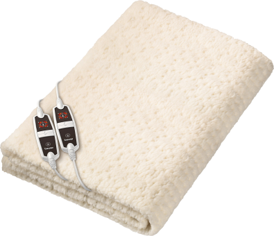 Coperta termica elettrica color crema con due pannelli di controllo.