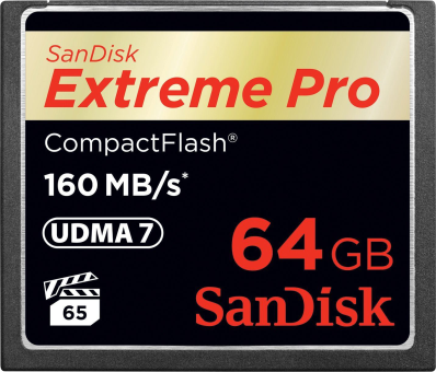 SanDisk Extreme Pro CompactFlash-Karte. Schwarze Karte mit rotem und gelbem Text.