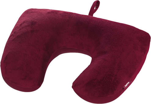 Un cuscino da viaggio a forma di U, color bordeaux.