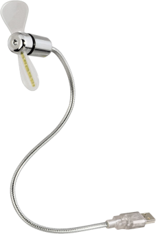 Ventilateur USB avec col flexible, couleur argentée et connecteur USB transparent.