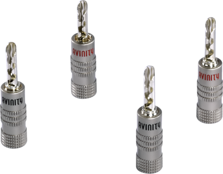 Vier silberne und goldene Audio-Stecker mit dem Wort AVINITY in Rot. Sie befinden sich auf schwarzem Hintergrund.