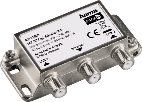 Un commutatore Hama SAT-DiSEqC argentato con 3 porte, etichettate LNB 1, LNB 2 e Ricevitore, con informazioni sul prodotto e marchio CE.