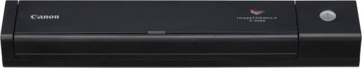 Un scanner Canon ImageFORMULA P-208II noir avec le logo Canon sur le dessus.