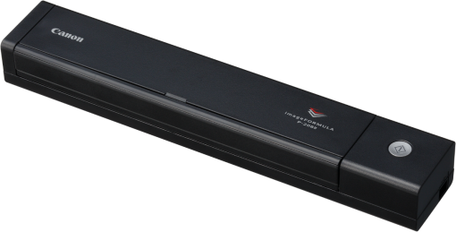Scanner Canon noir. Il est long et rectangulaire avec le logo Canon.
