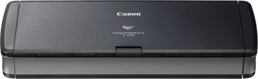 Scanner Canon noir. Conception à plat, logo Canon, modèle ImageFORMULA P-215II. Vue de dessus, base grise.