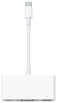 Weißer Apple-Adapter mit angeschlossenem USB-C-Kabel. Anschlüsse für HDMI, USB und SD-Karte.