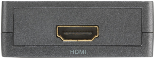 Gros plan d'un port HDMI sur un petit appareil électronique noir.