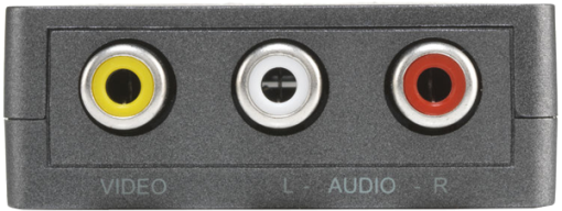 Adaptateur gris avec connecteurs RCA jaune, blanc et rouge étiquetés VIDEO, AUDIO, R.