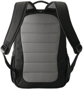 Vue arrière d'un sac à dos noir avec support dorsal rembourré.