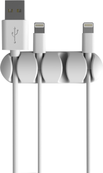Organisateur de câbles blanc avec trois câbles et connecteurs USB, Lightning et USB-C.