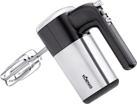 Frullatore a mano Koenig argento e nero con fruste. Ha la funzione turbo.