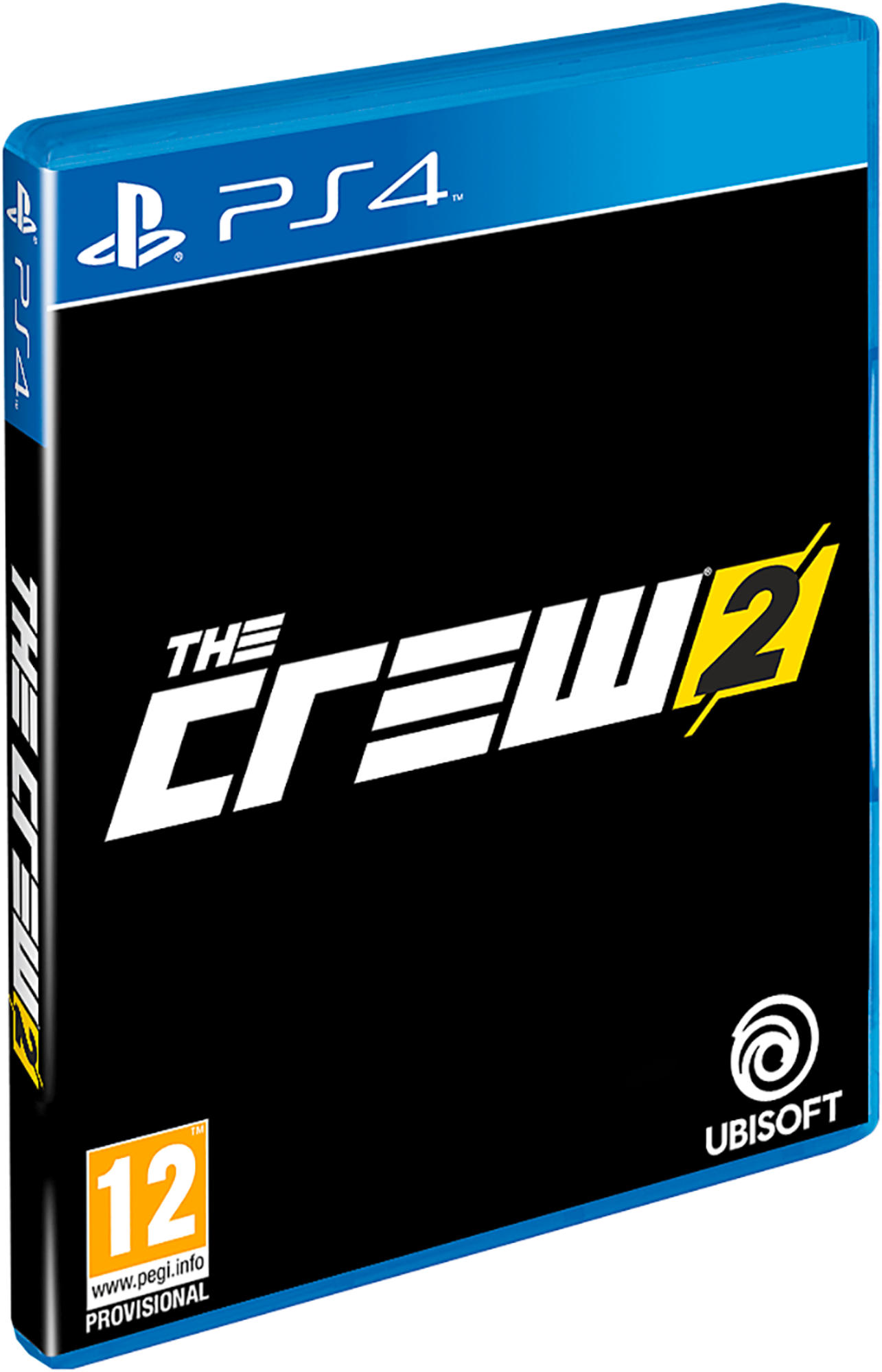 Caja del juego de PS4 The Crew 2. Cubierta negra, texto blanco y el logo de Ubisoft.