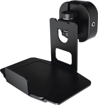 Staffa da parete in metallo nero per altoparlante o dispositivo. Caratteristiche: base, supporto verticale e braccio regolabile.