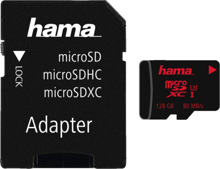 Schwarzer SD-Kartenadapter und eine rot-schwarze Micro-SD-Karte, mit Text, der Kapazität und Geschwindigkeit angibt.