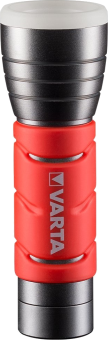 Eine rote Varta-Taschenlampe mit silbernen Akzenten und weißer Spitze.