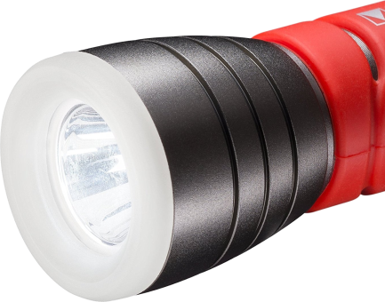 Eine rote Taschenlampe mit schwarzem Griff und weißem Licht.