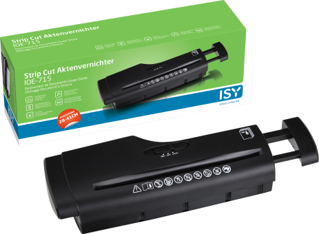 Schwarzer Aktenvernichter und eine Box. Die Box hat einen grünen Hintergrund mit einem Bild des Schredders.